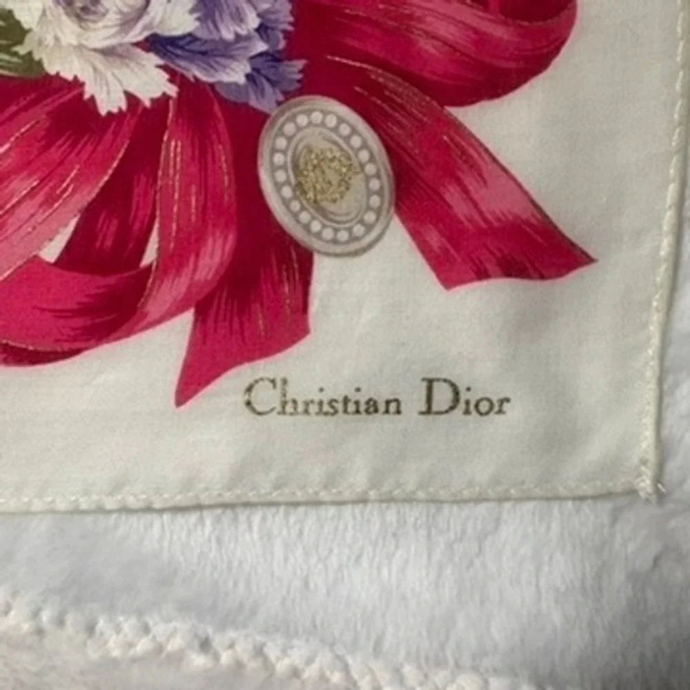Vtg CHRISTIAN DIOR Scarf Handkerchief Floral Tulip White Purple Red Gold 19